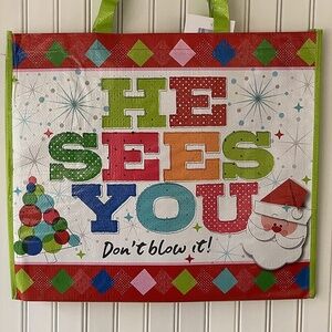 Extra Large Laminated Recycled Shopper Tote- Santa- HE SEES YOU Don't blow it!